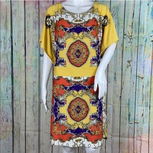 BCBGMaxAzria Yellow Colorful Day Dress Size Medium - Picture 2 of 10